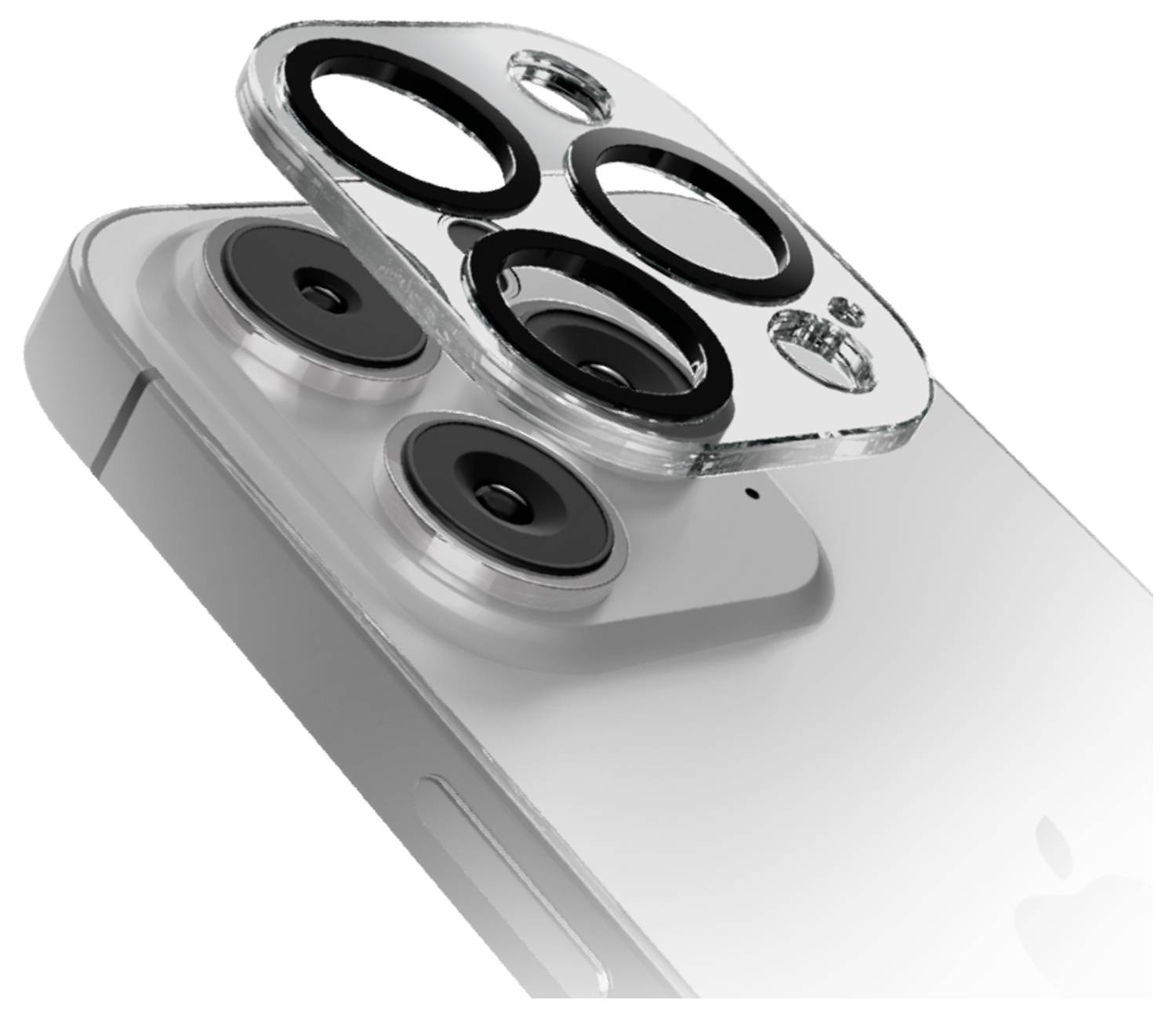 Die Dual-Kamera-Linse eines Smartphones und eine Schutzabdeckung werden gezeigt, wobei die Linsen und ihre Ausrichtung mit den Abdeckungslöchern hervorgehoben werden.