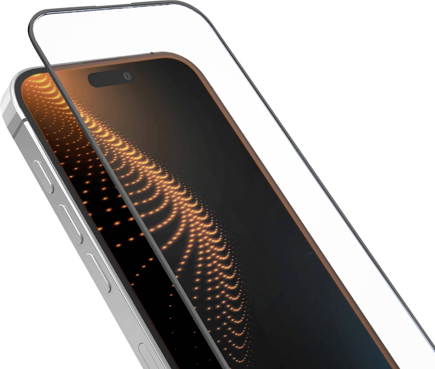 Ein Telefon mit einem gekrümmten, transparenten Display, das ein Muster aus leuchtend orangefarbenen Punkten auf dunklem Hintergrund zeigt, aus einer seitlichen Perspektive betrachtet.