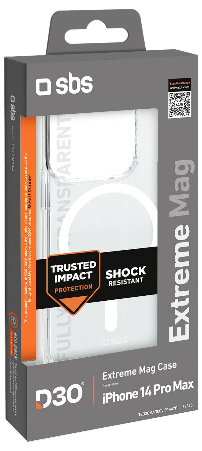 'iPhone 14 Pro Max' klare stoßfeste Hülle mit Verpackung und Branding, mit Hervorhebung von 'Trusted Impact Protection' und 'Fully Transparent'.