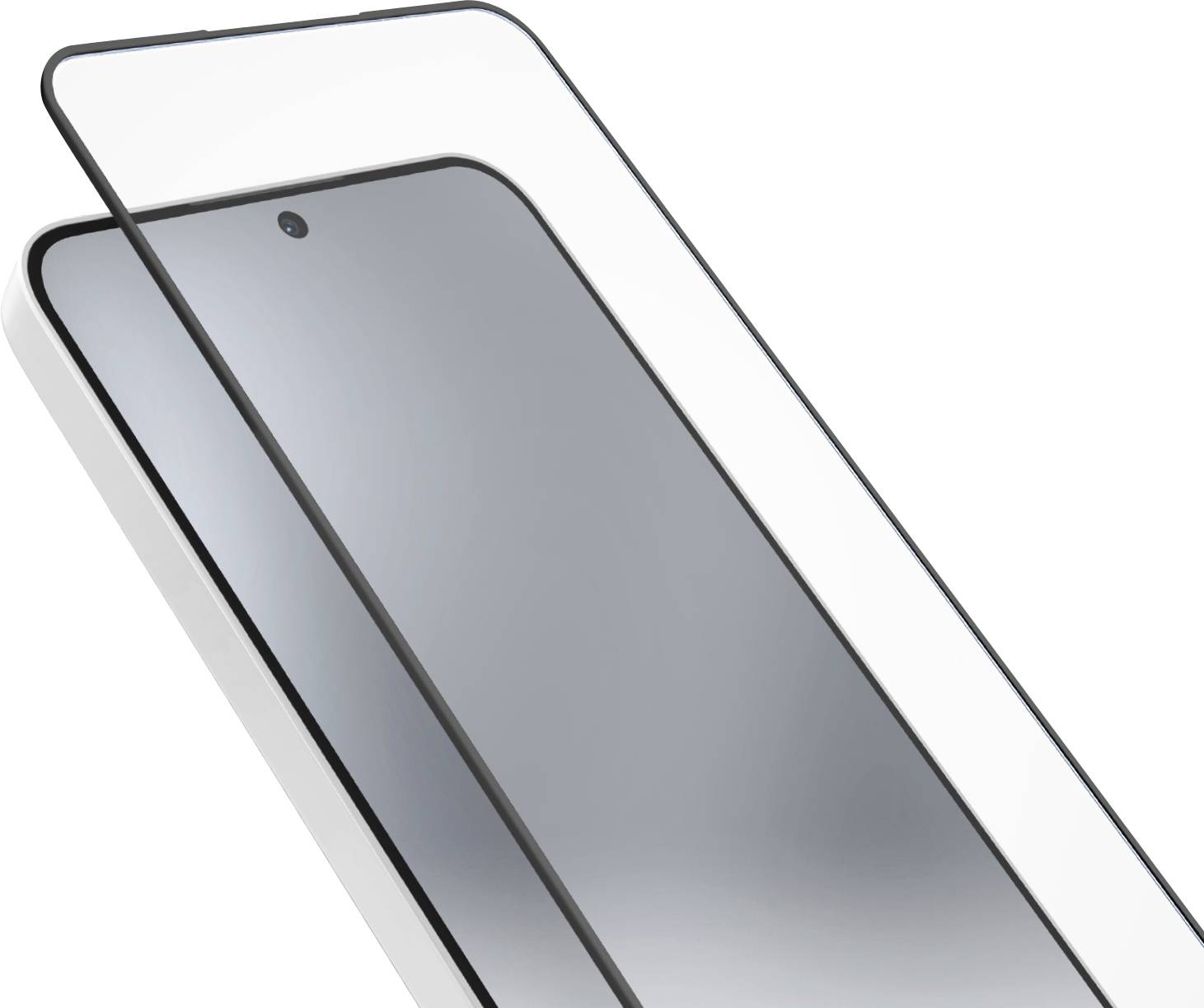 Ein Smartphone-Kameramodul beim Zusammenbau, das drei Kameraobjektive und einen metallischen Rahmen über einem silbernen Telefon zeigt.