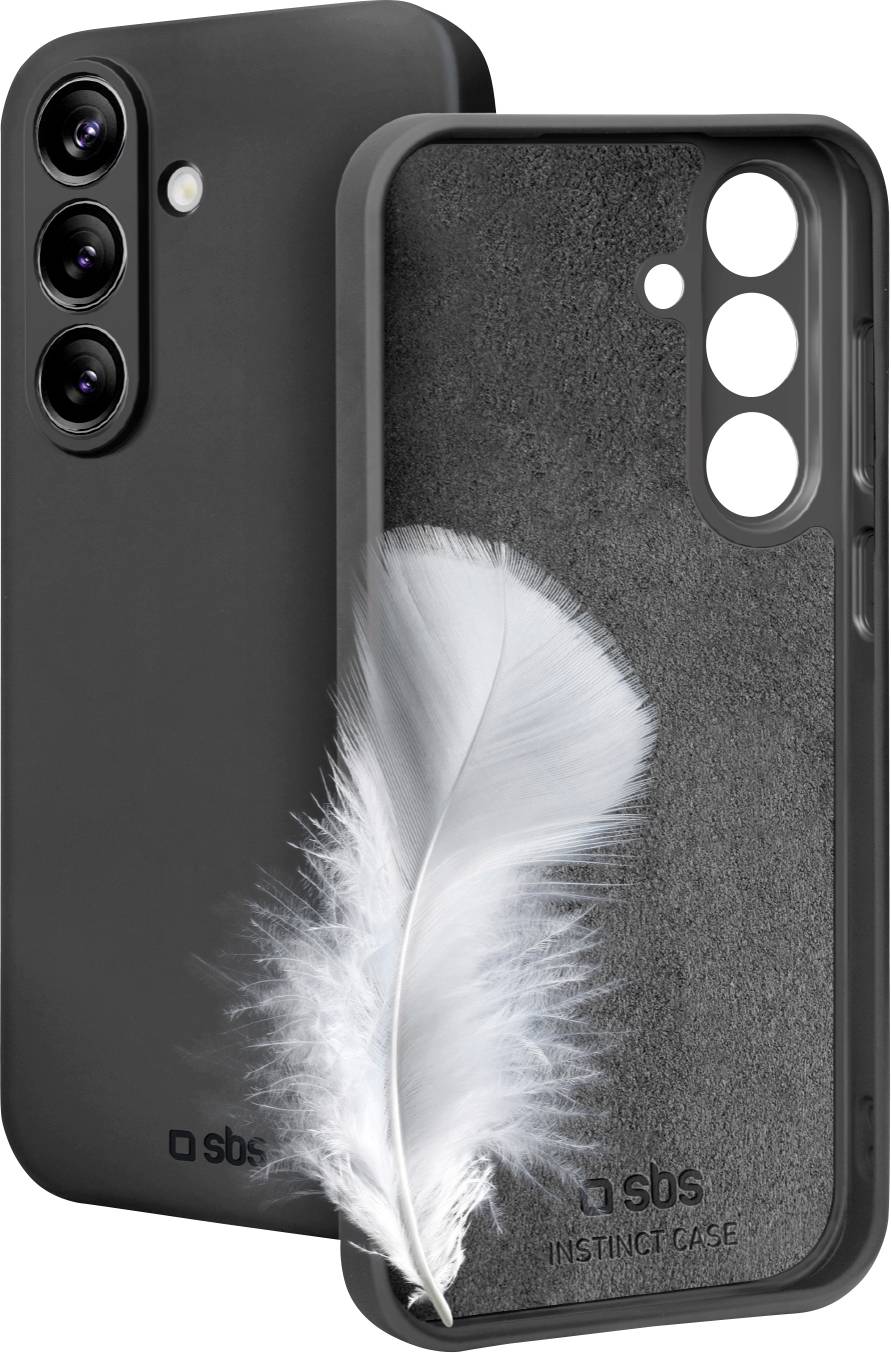 Schwarze Smartphone-Hülle mit drei Kameralöchern, die eine weiße Feder auf ihrer Oberfläche zeigt und das leichte Design der Hülle hervorhebt.