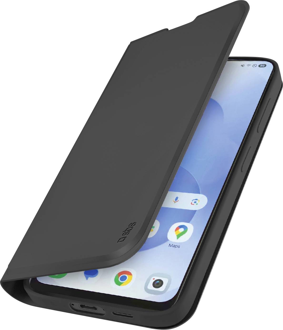 Ein Smartphone mit schwarzer Flip-Hülle, die leicht geöffnet ist und mehrere App-Symbole auf dem Bildschirm anzeigt.