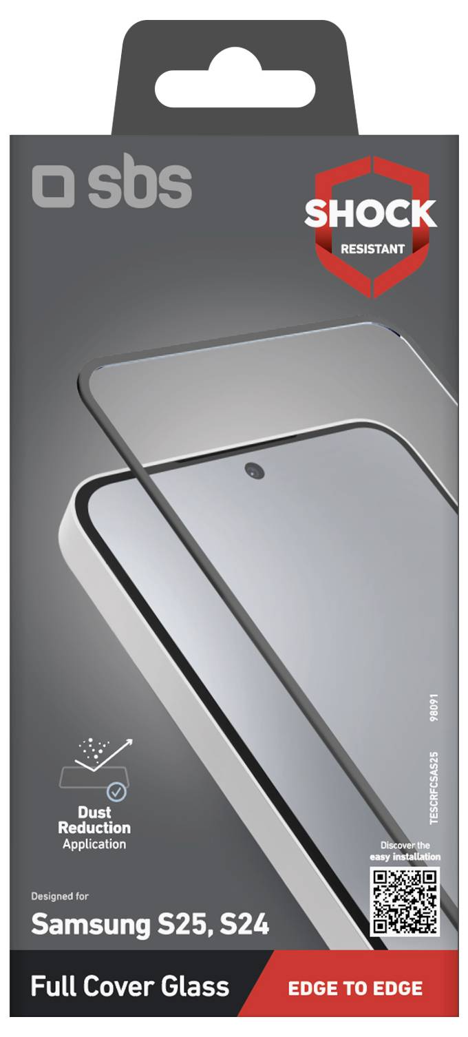 Verpackung für SBS Vollflächenschutzglas für den Bildschirm, entwickelt für Samsung S25 und S24. Zu den Funktionen gehören Stoßfestigkeit und Staubreduzierung.