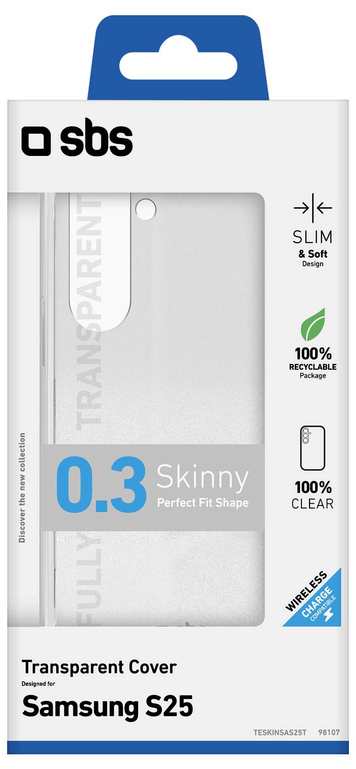Transparente Schutzhülle für Samsung S25: Schlank, weich, 0,3 mm dick, 100% recycelbar, kabelloses Laden kompatibel.
