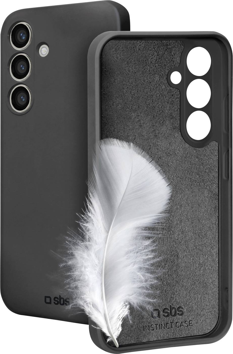 Ein schwarzes Smartphone-Gehäuse mit einer Feder innen, das seine Leichtigkeit hervorhebt.