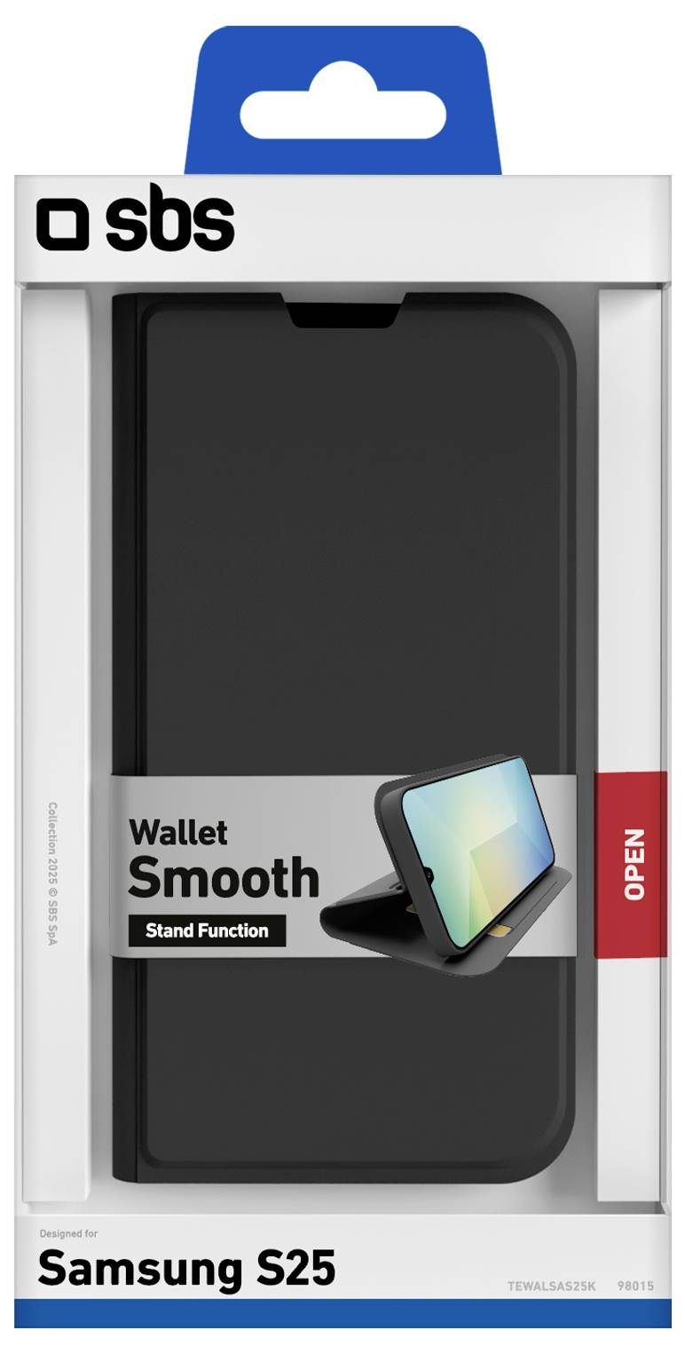 Samsung S25 schwarze Brieftaschenhülle mit Ständerfunktion, mit dem Etikett „Wallet Smooth