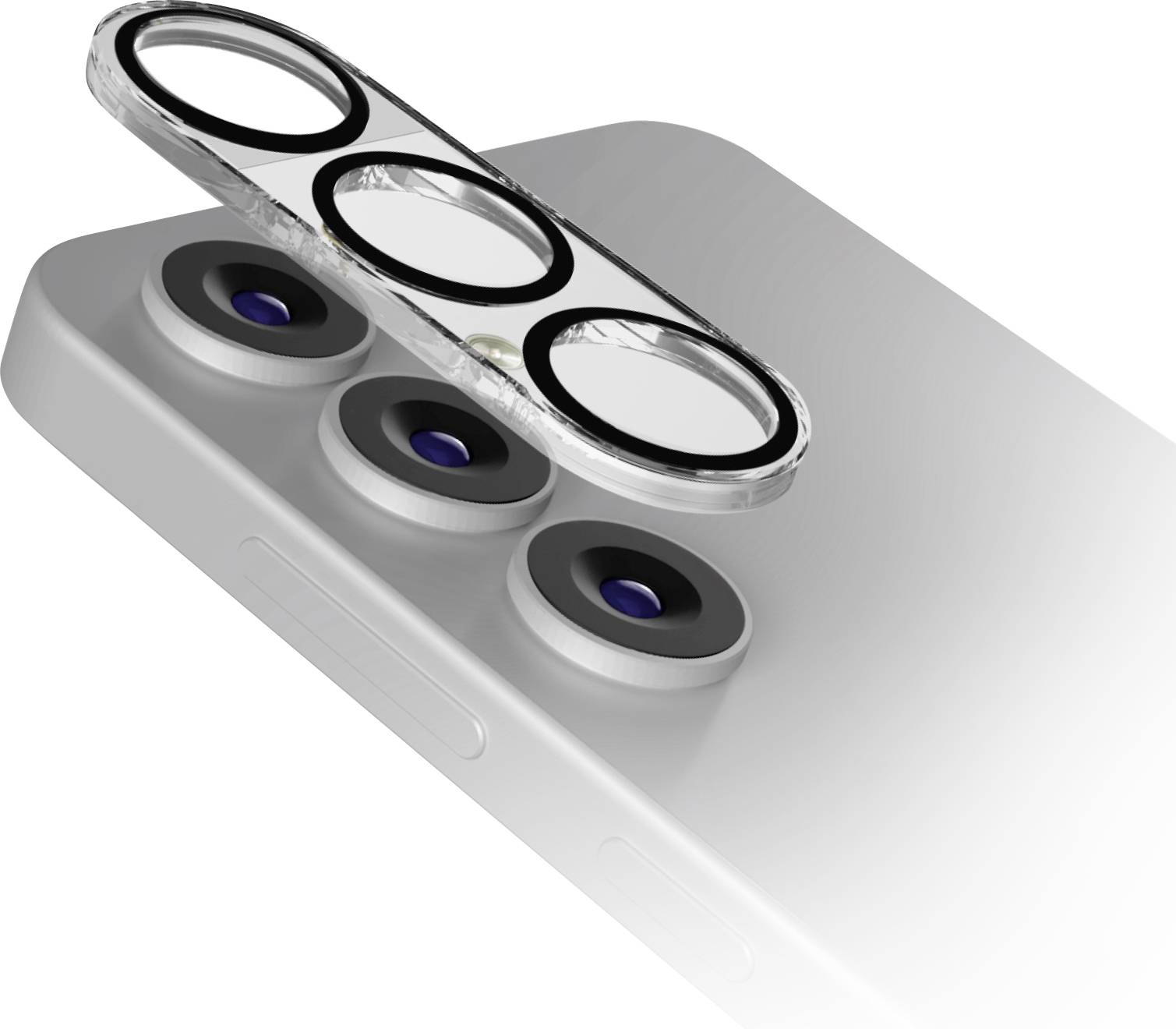 Ein Smartphone mit einer Dreifach-Hintergrundkamera und einer separaten Schutzschutzhülle, die darüber schwebt und die Linsenplatzierung und das Design zeigt.