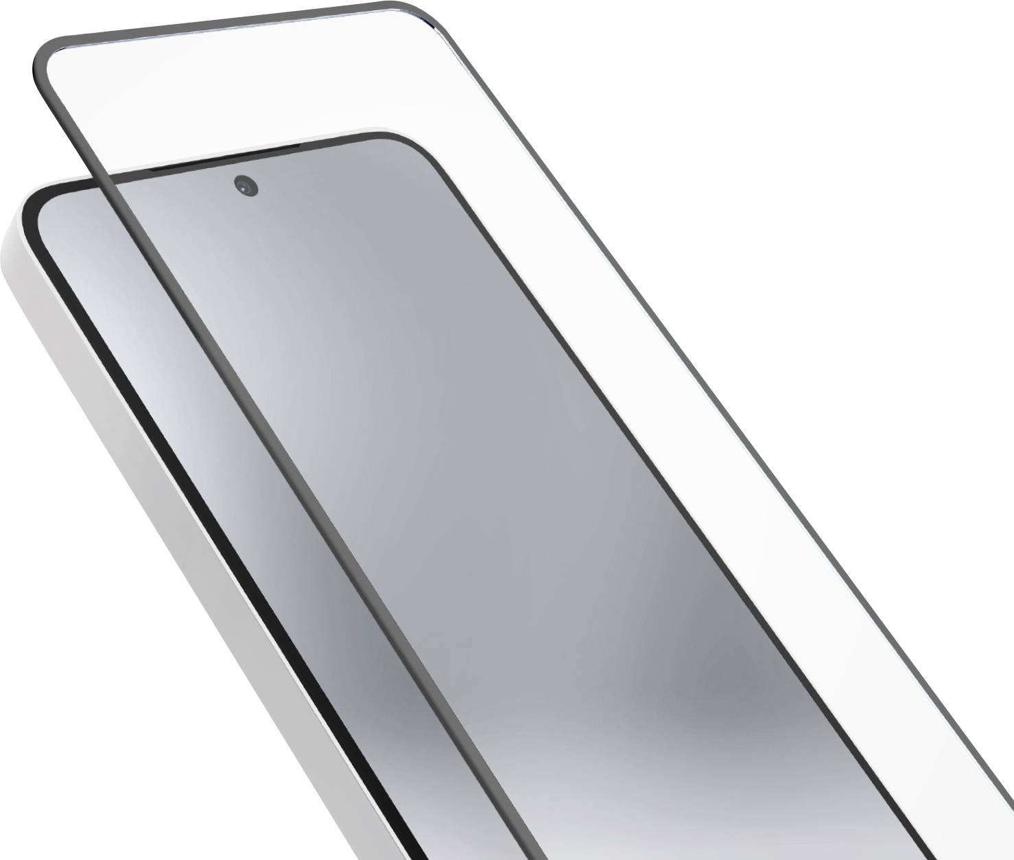 Ein Smartphone liegt neben seiner Displayschutzfolie, angewinkelt, um die Dünnheit und die nahtlose Passform zu zeigen, die für einen kantenlos durchgehenden Schutz konzipiert ist.
