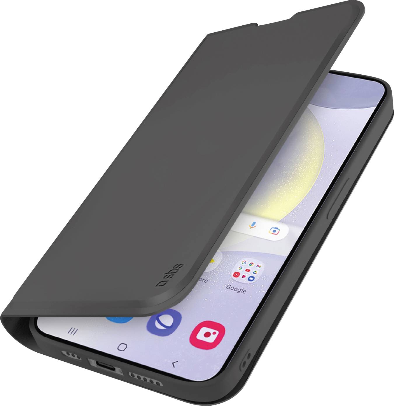 Ein Smartphone mit grauem Flip-Cover, das teilweise geöffnet ist und App-Symbole auf dem Bildschirm anzeigt.
