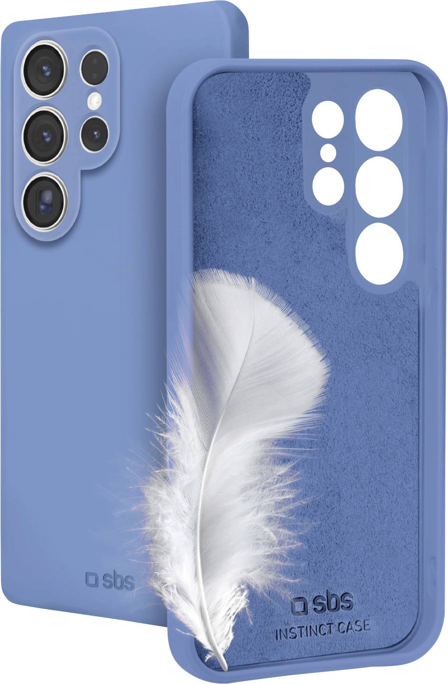 Blaue Smartphone-Hülle mit Aussparungen für Kameraobjektive und Tasten, mit weißem Federdesign, das Leichtigkeit und Schutz suggeriert.