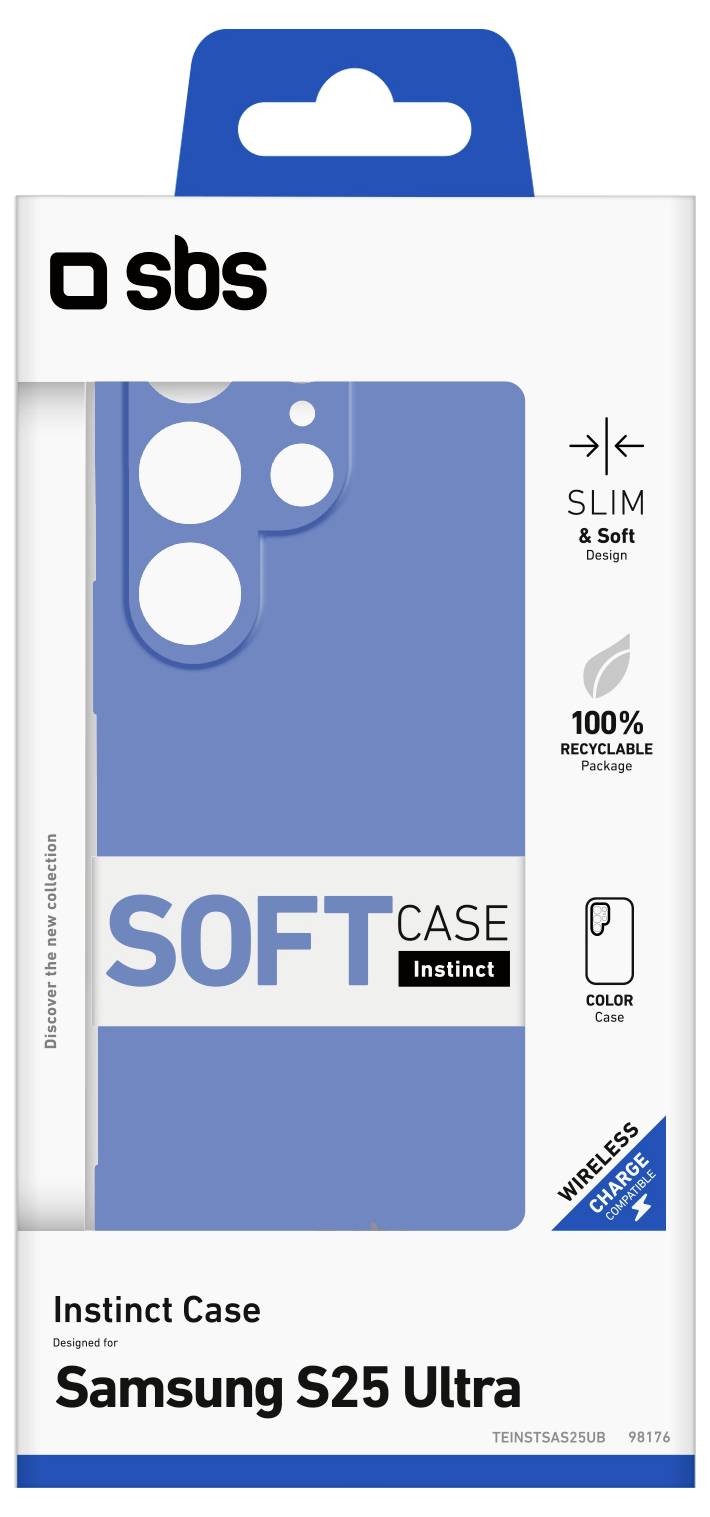 SBS Instinct Schutzhülle für Samsung S25 Ultra in Blau. Zu den Funktionen gehören schlankes, weiches Design, Wireless-Charging-Kompatibilität und recycelbare Verpackung.