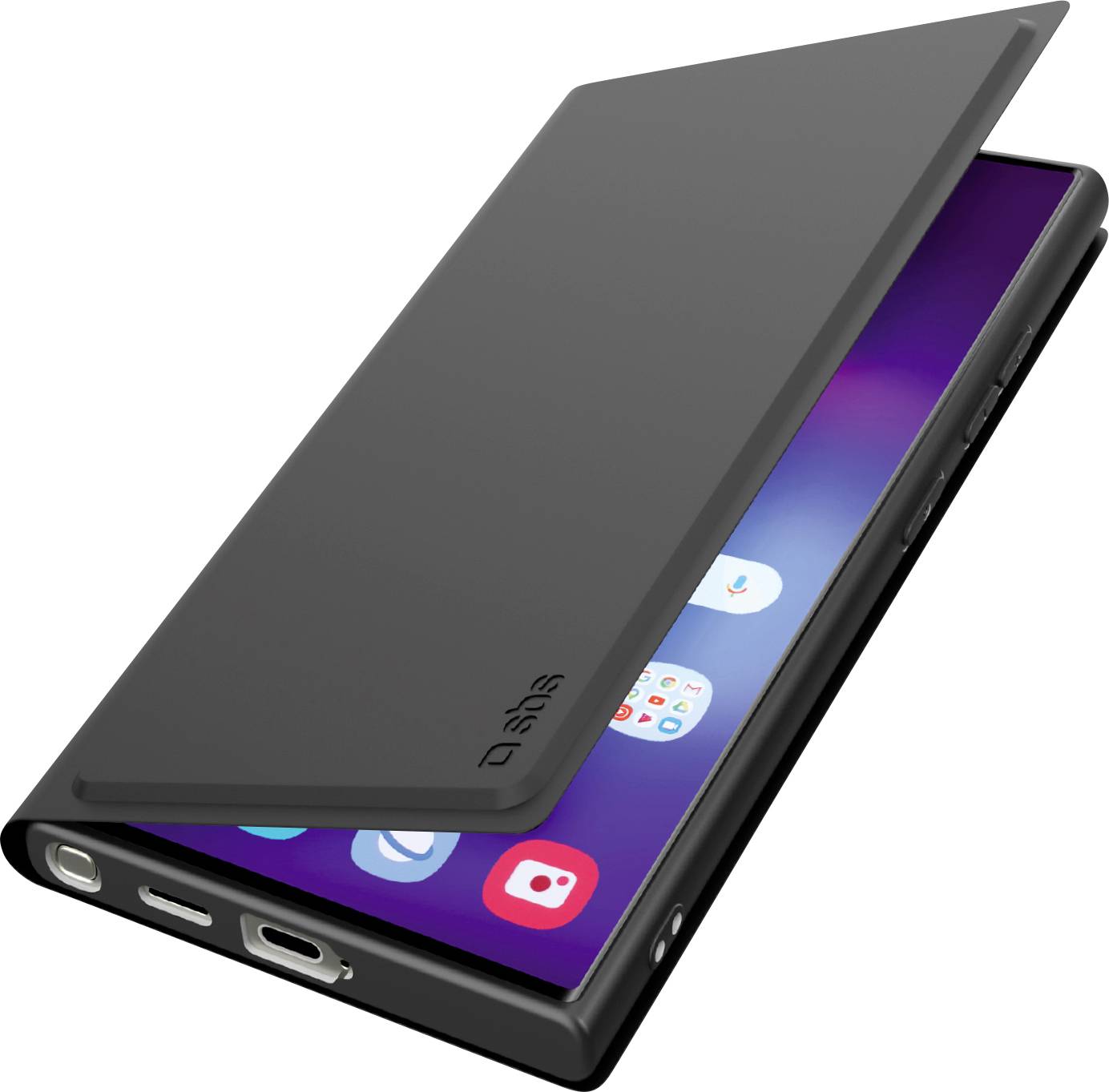 Ein Smartphone mit einer Flip-Hülle, die teilweise geöffnet ist und einen leuchtenden Bildschirm mit App-Symbolen zeigt.