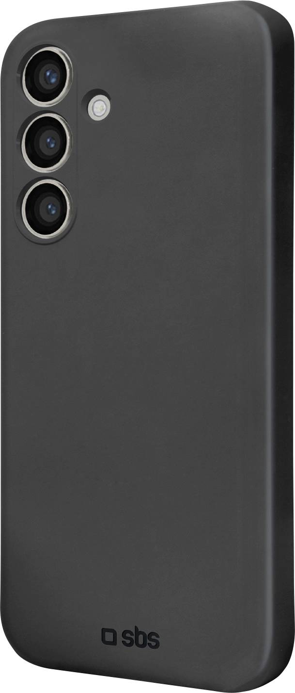 Ein schwarzes Smartphone mit drei rückwärtigen Kameras und einem LED-Blitz, vertikal positioniert; das Markenlogo „sbs