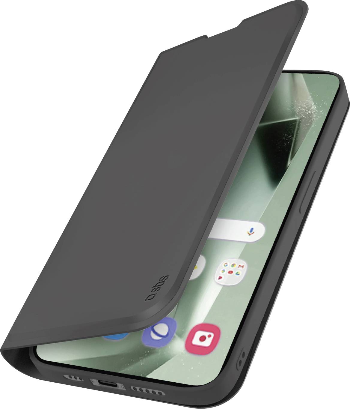 Ein Smartphone in einem schwarzen Klapptasche, teilweise geöffnet, mit einem Startbildschirm mit App-Symbolen; Markenlogo der Tasche sichtbar auf der Abdeckung.