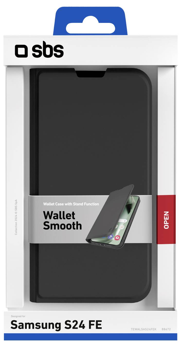 Schutzgehäuse 'Wallet Smooth' für Samsung S24 FE mit Ständerfunktion, präsentiert in einer weiß-blauen Schachteln der Marke 'sbs'.