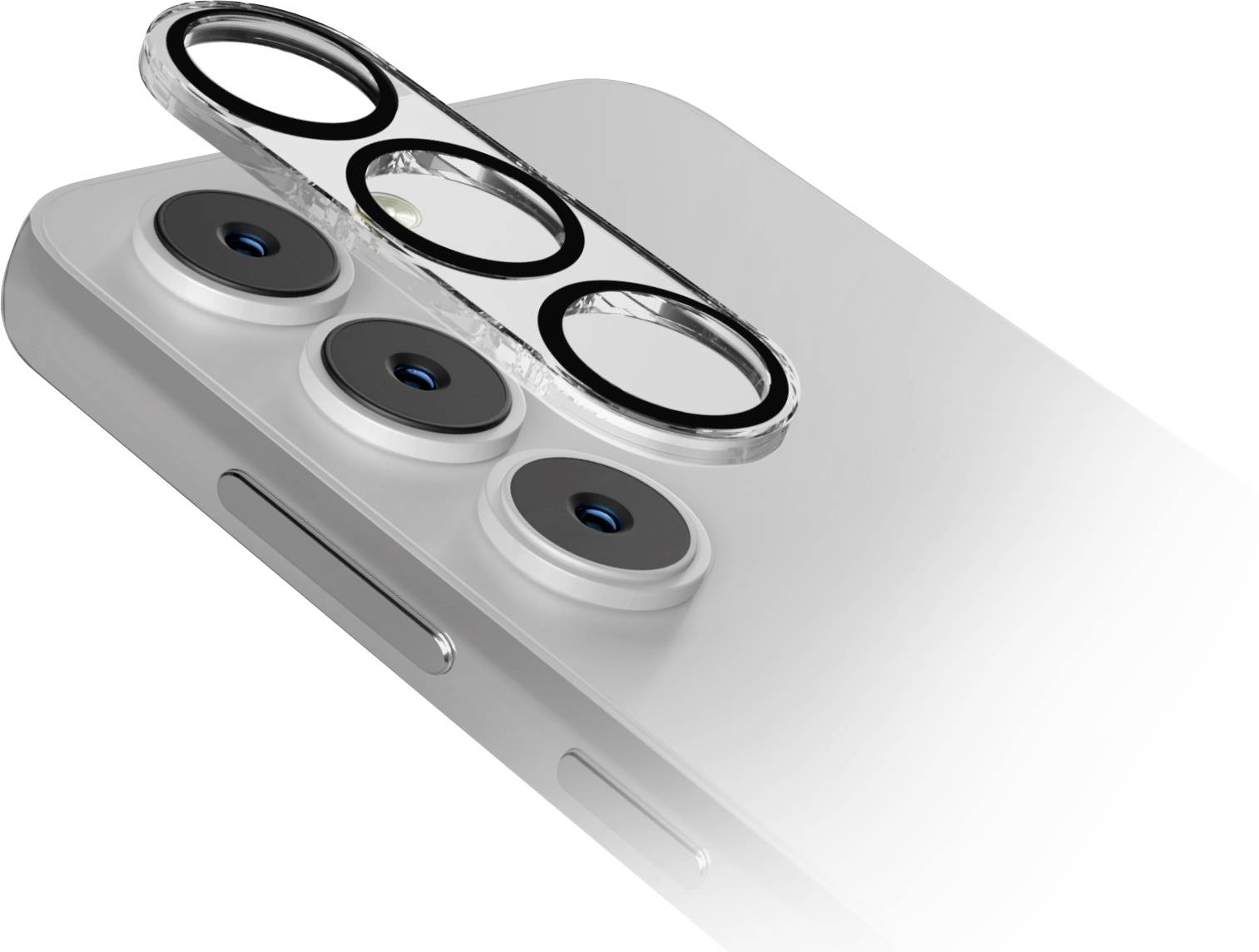 Ein Smartphone, das auf dem Rücken liegt, mit dem abgelösten Kameramodul, das drei Linsenöffnungen und ein weißes Gehäuse zeigt.