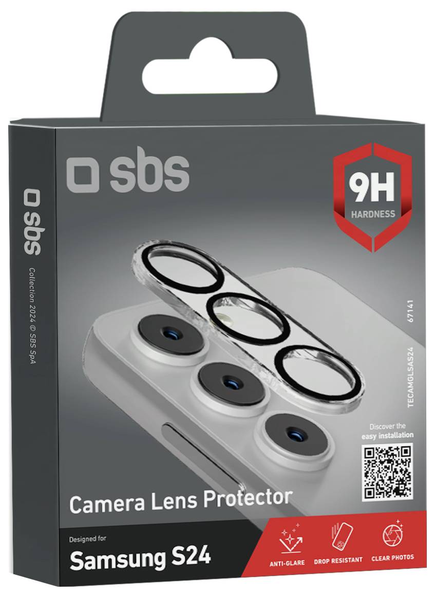 Kameralinsen-Schutz für Samsung S24 von SBS mit Antireflexbeschichtung und Stoßfestigkeit. Enthält QR-Code für weitere Informationen.