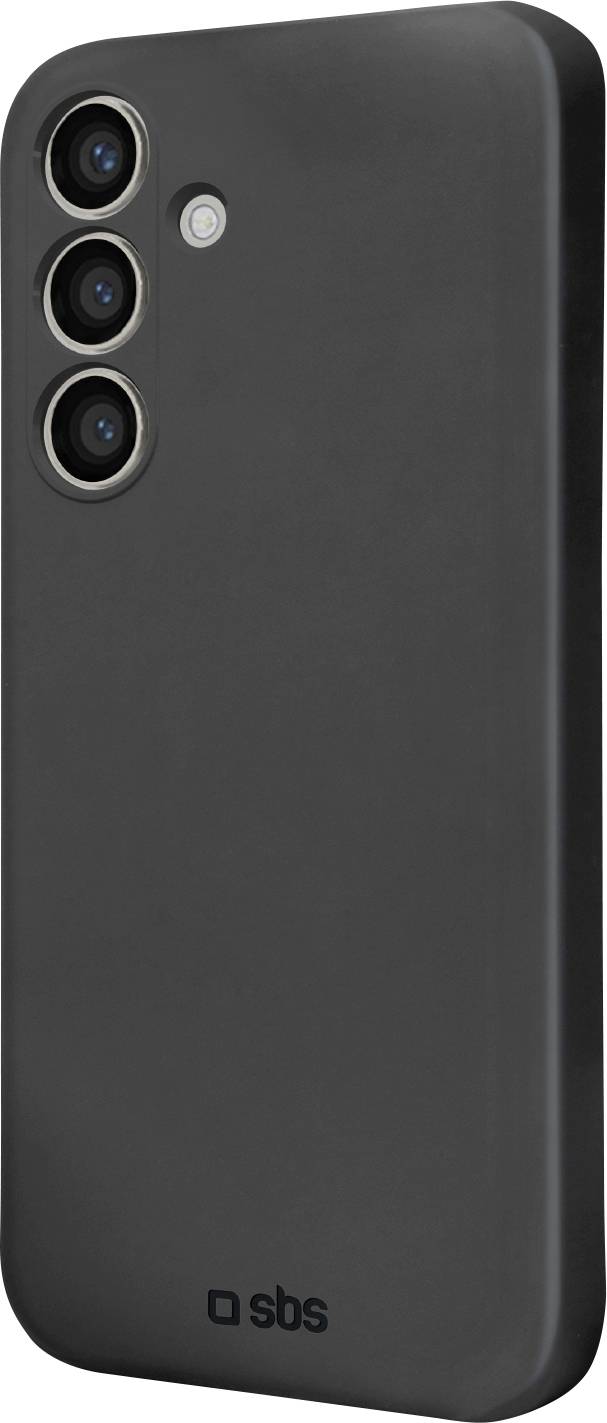Ein schwarzes Smartphone-Schutzhüllen mit drei hinteren Kamerasauschnitten und einem zusätzlichen Platz für einen Blitz, mit dem SBS-Logo am unteren Ende.