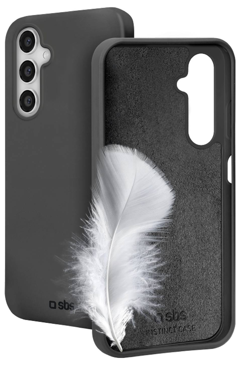 Schwarze Smartphone-Hülle mit weicher Oberflächenstruktur, mit weißem Federndesign.