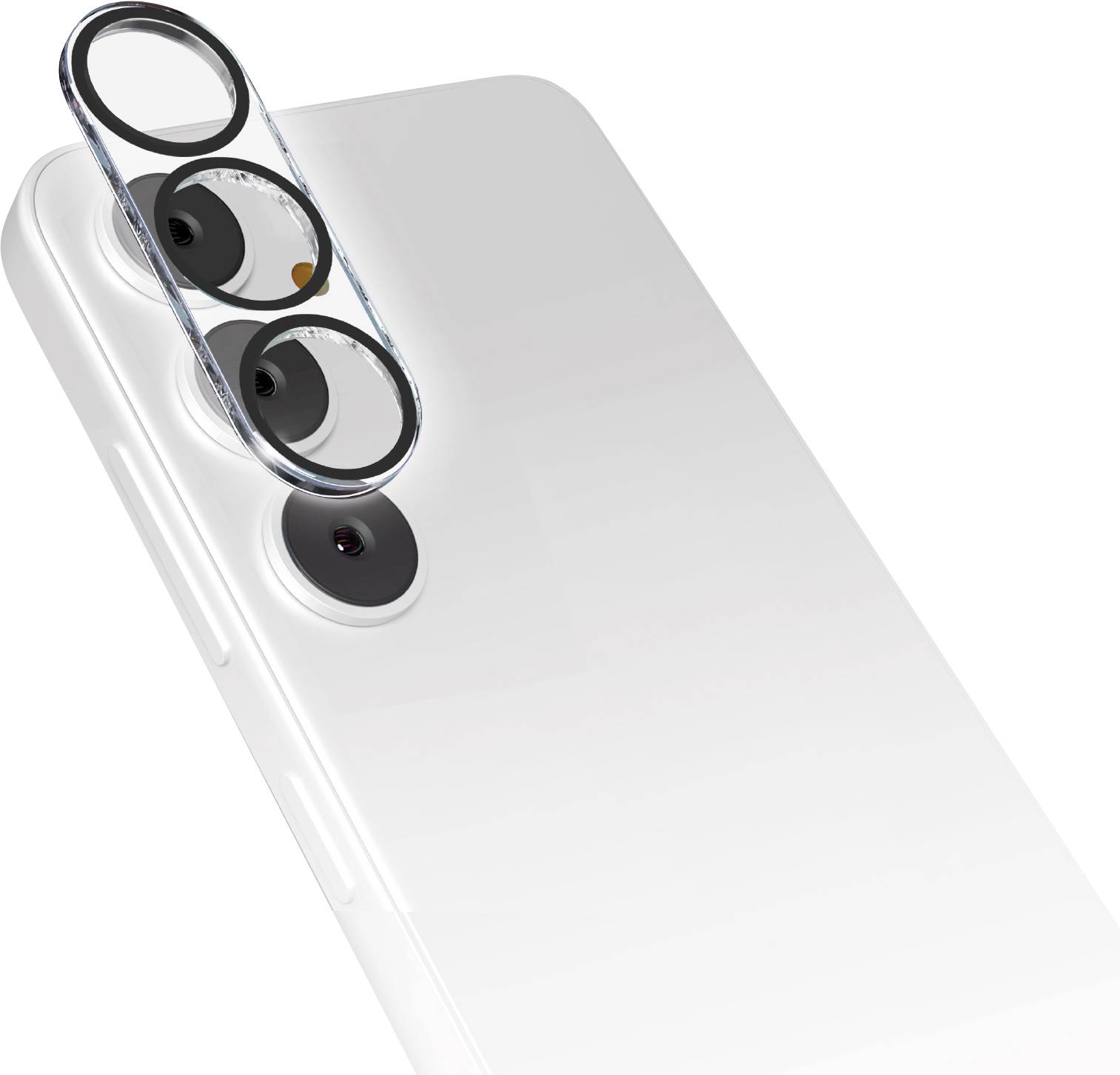 Ein schlankes Smartphone mit weißem Gehäuse, von hinten gezeigt, das sein vertikales Dreifach-Kamerasystem mit metallischen Ringen hervorhebt.