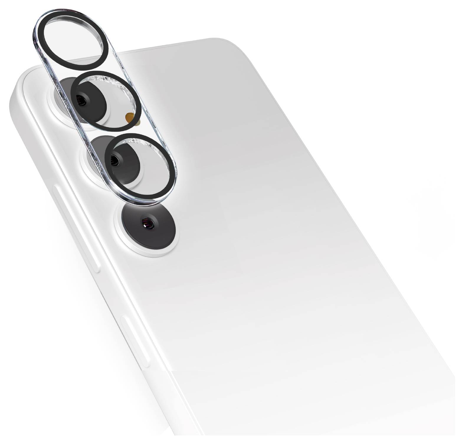 Ein elegantes weißes Smartphone mit seinem dreifachen Kamerasystem auf der Rückseite, das fortschrittliche Fotografie-Funktionen hervorhebt.