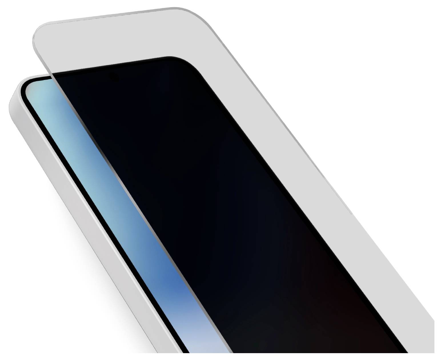 Ein Smartphone mit einem teilweise angebrachten Displayschutz, das die abgerundeten Kanten und das schlanke Design des Telefons zur Geltung bringt.