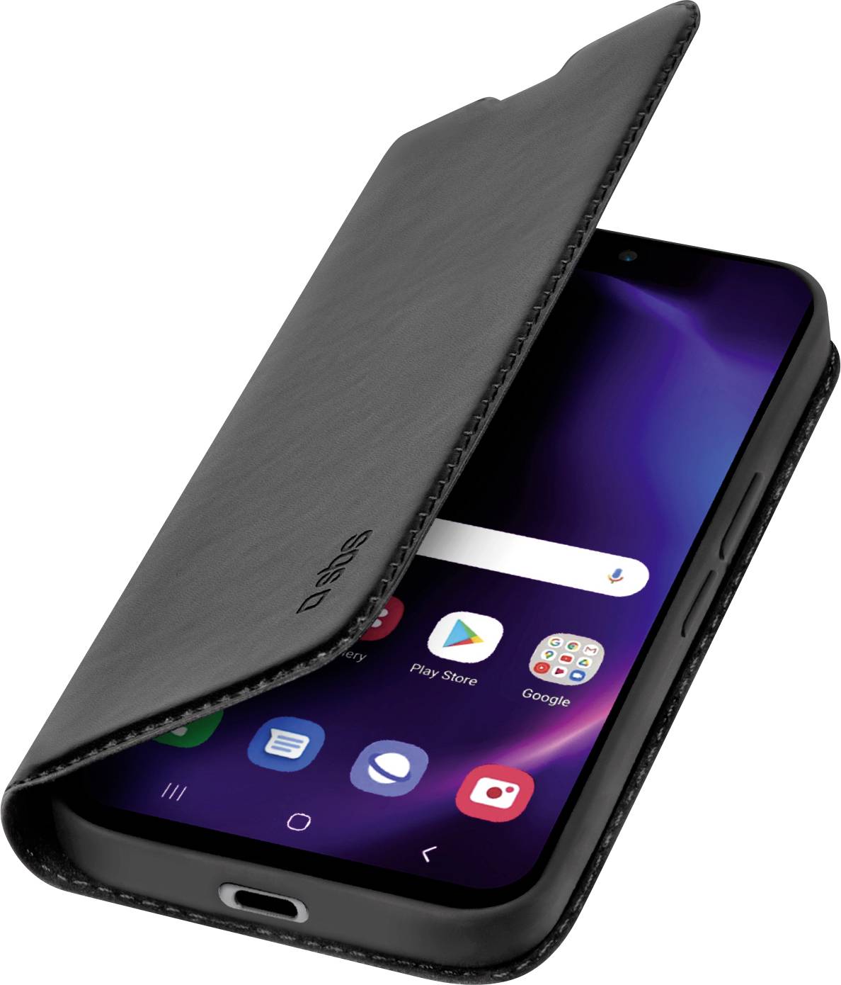 Ein Smartphone mit einem teilweise offenen schwarzen Lederetui, das die Startbildschirmoberfläche mit sichtbaren App-Symbolen zeigt.