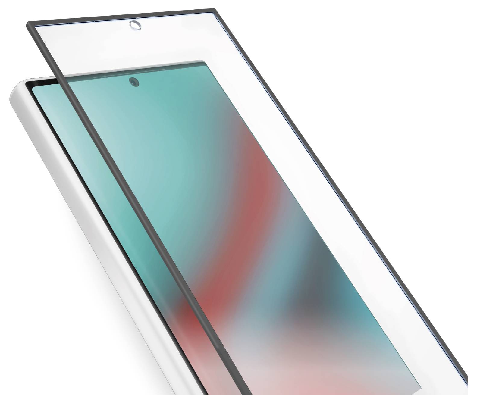 Ein Smartphone-Bildschirm zeigt ein unscharfes, farbiges Farbverlaufsmuster mit einem Glaskantenschutz, der leicht davor angewinkelt ist.