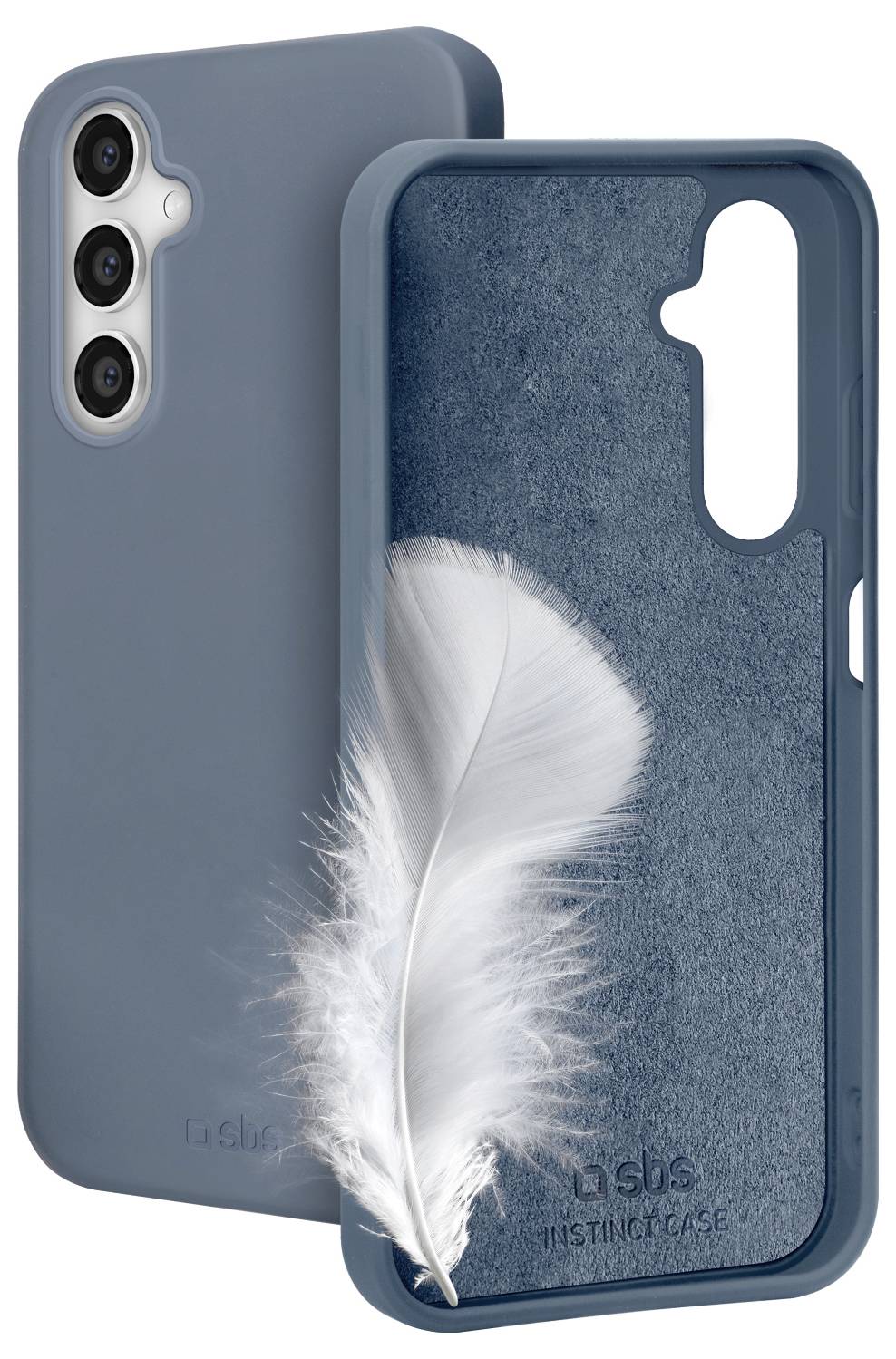 Eine blaue Handyhülle mit einem Federdesign auf der Rückseite und Öffnungen für Kamera und Tasten, die ihre schlanke und weiche Textur hervorhebt.