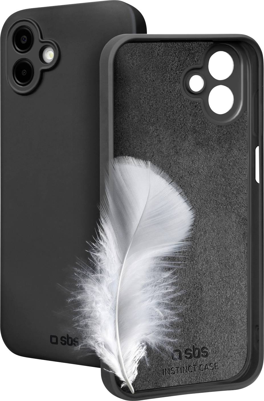 Ein schwarzes Telefon mit einer Feder ruht neben einer offenen Handyhülle und hebt sein leichtes und schützendes Design hervor.