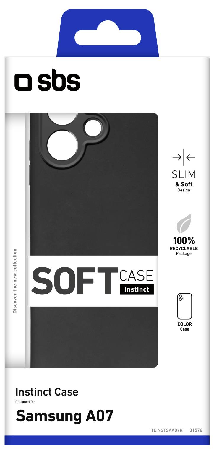 Schwarze Handyhülle für Samsung A07 in Verpackung, gekennzeichnet als weich, schlank und 100% recycelbar.