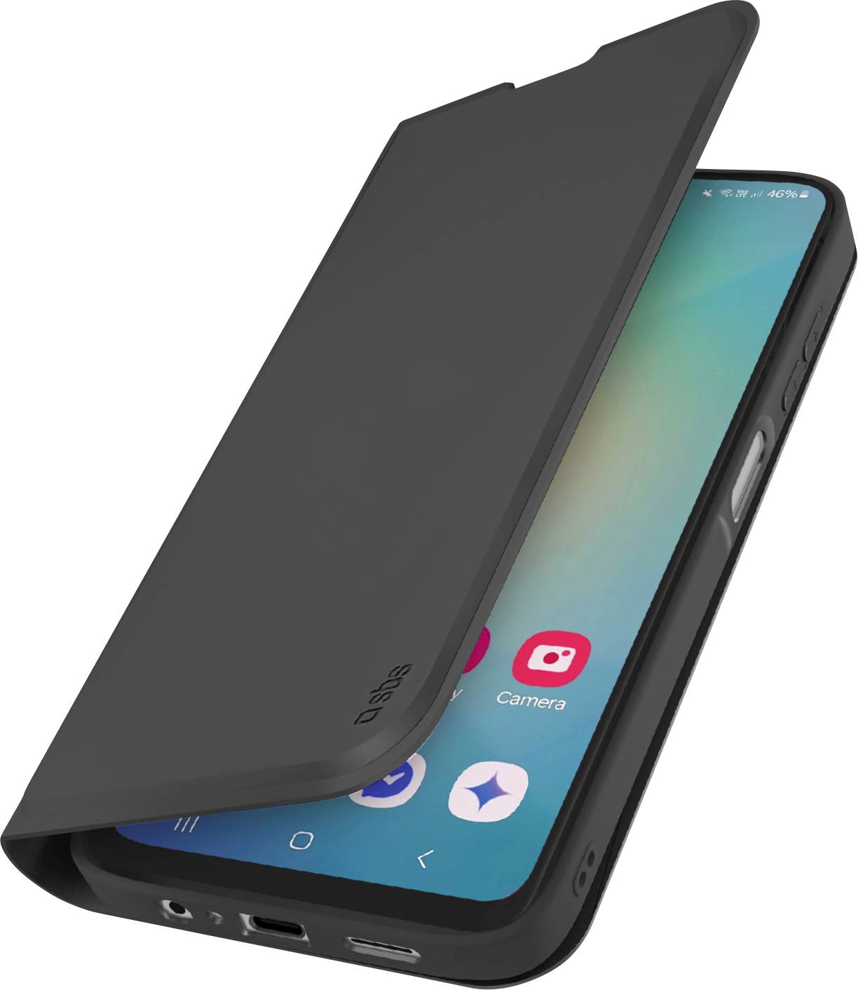 Ein Smartphone in einer schwarzen Klappetui, bei dem der Bildschirm eingeschaltet ist und App-Symbole anzeigt. Die Hülle verdeckt teilweise den Bildschirm.