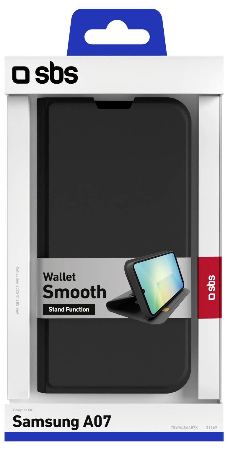 Schwarze Schutzhülle mit Geldbörsen-Funktion für Samsung A07 mit Standfunktion, dargestellt in der Verpackung, beschriftet mit 'Wallet Smooth'.