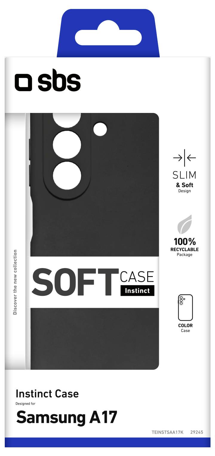 Ein rotes Handyhülle für Samsung A17 mit schlankem Design, teilweise sichtbar in der Verpackung. Das Etikett lautet „Soft Case Instinct