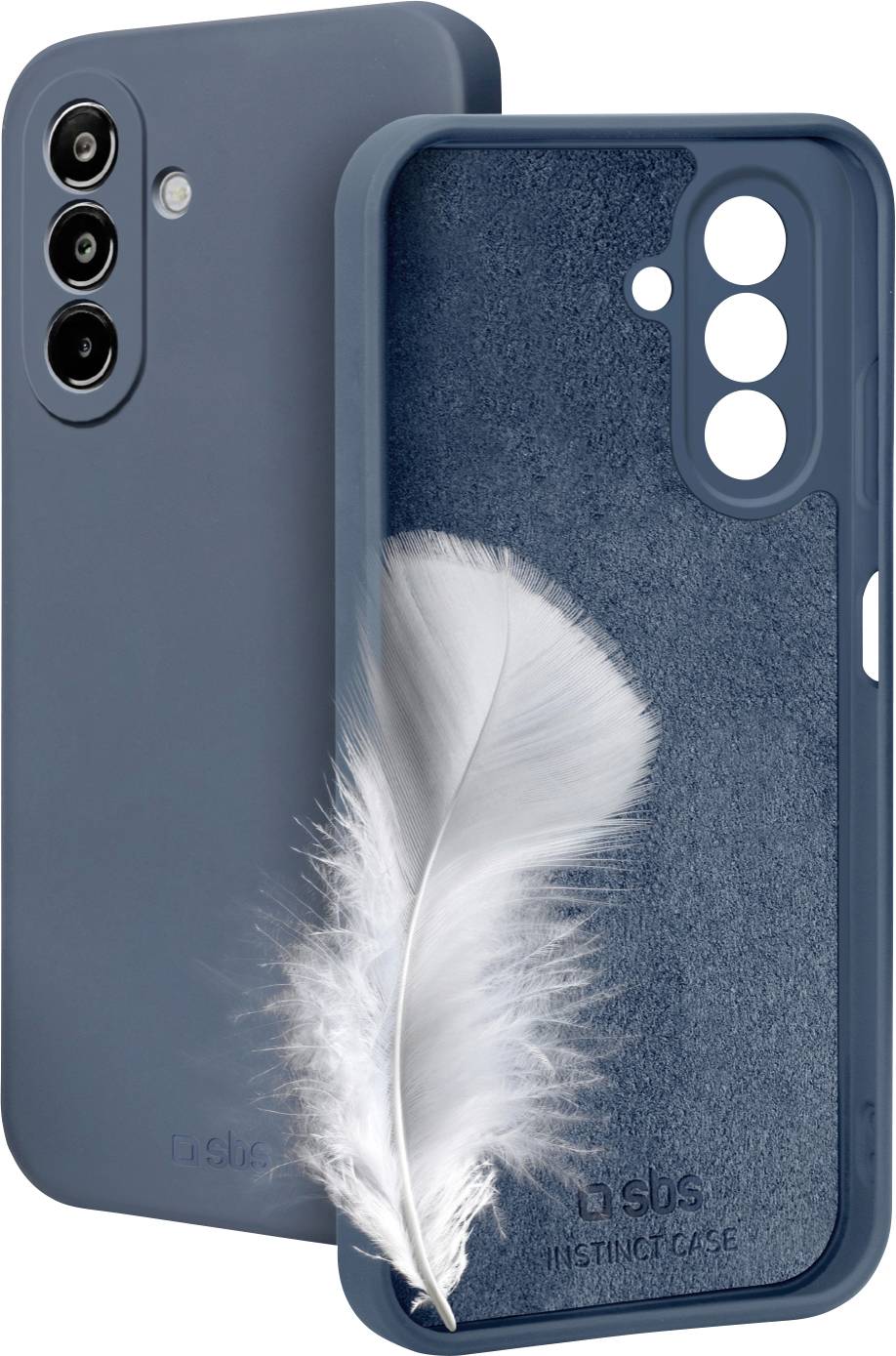 Zwei blaue Smartphone-Hüllen, eine mit einer Feder, die Leichtigkeit symbolisiert.