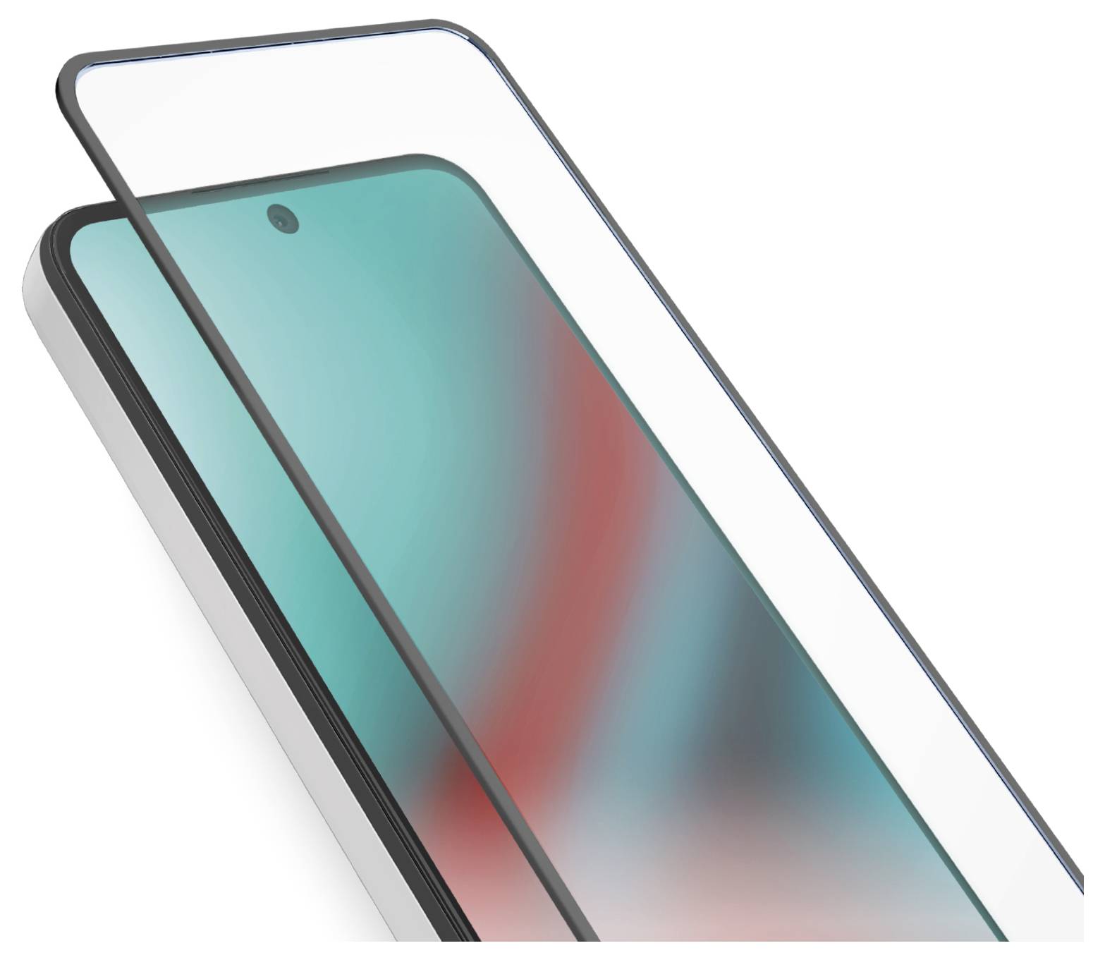 Gehärtete Glasschutzfolie, die über einem Smartphone positioniert ist und Ausrichtung und Schutzfunktionen zeigt.