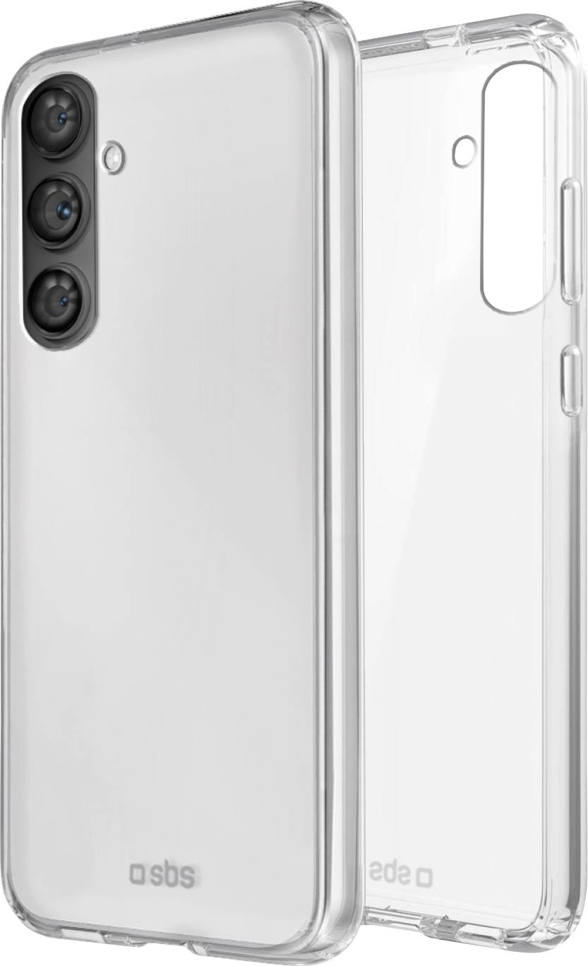 Zwei durchsichtige Handyhüllen für ein Smartphone, die Rückansichten mit Kameraausschnitten zeigen. Eine Hülle steht aufrecht, und die andere lehnt sich an.