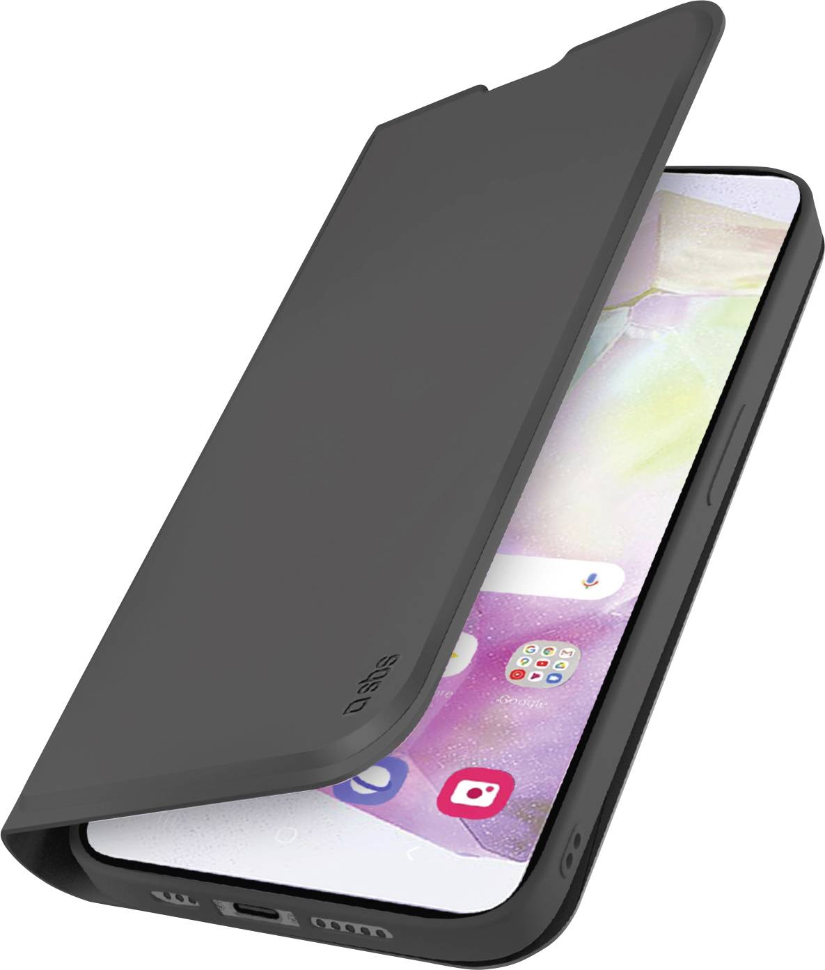 Ein schwarzes Smartphone mit teilweise geöffnetem Gehäuse, das den Bildschirm zeigt, auf dem App-Symbole vor einem farbenfrohen Hintergrund angezeigt werden.