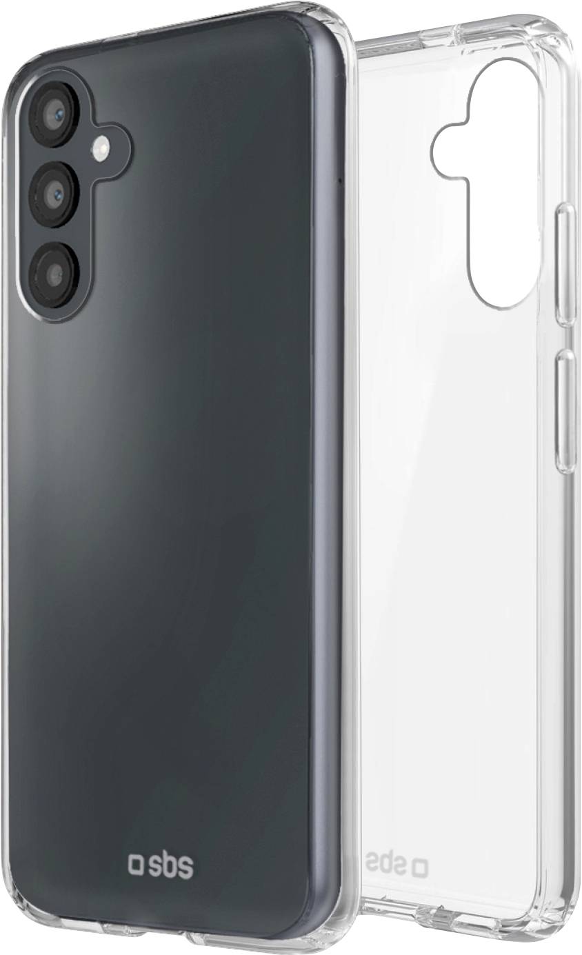 Ein schwarzes Smartphone mit einer transparenten Schutzhülle, das die Rückseite mit drei Kameras und dem Markenlogo zeigt.
