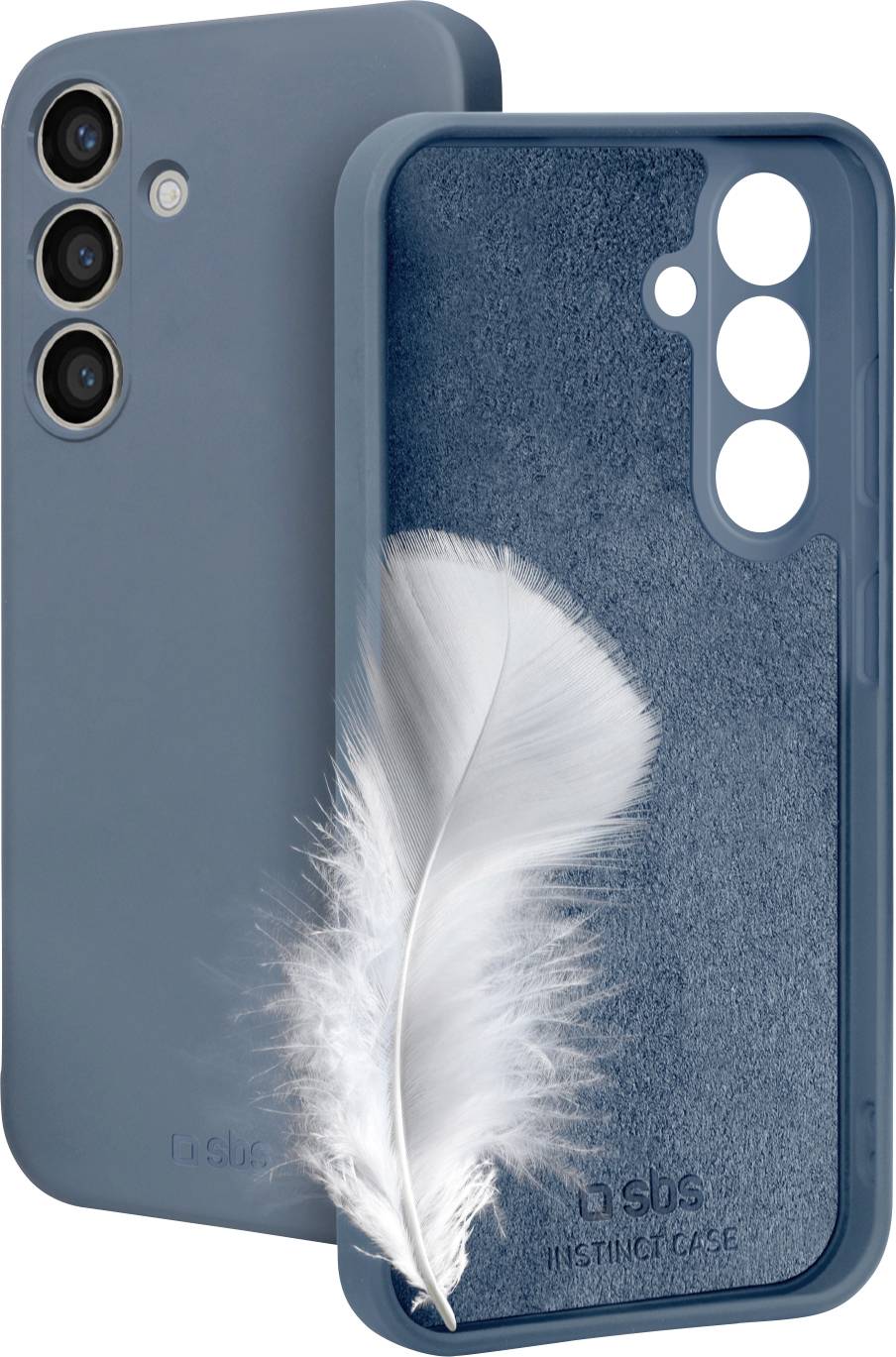 Blaue Handyhüllen mit drei Kameraausschnitten, einer zeigt eine weiße Feder, die ihre Weichheit und schlankes Design hervorhebt.