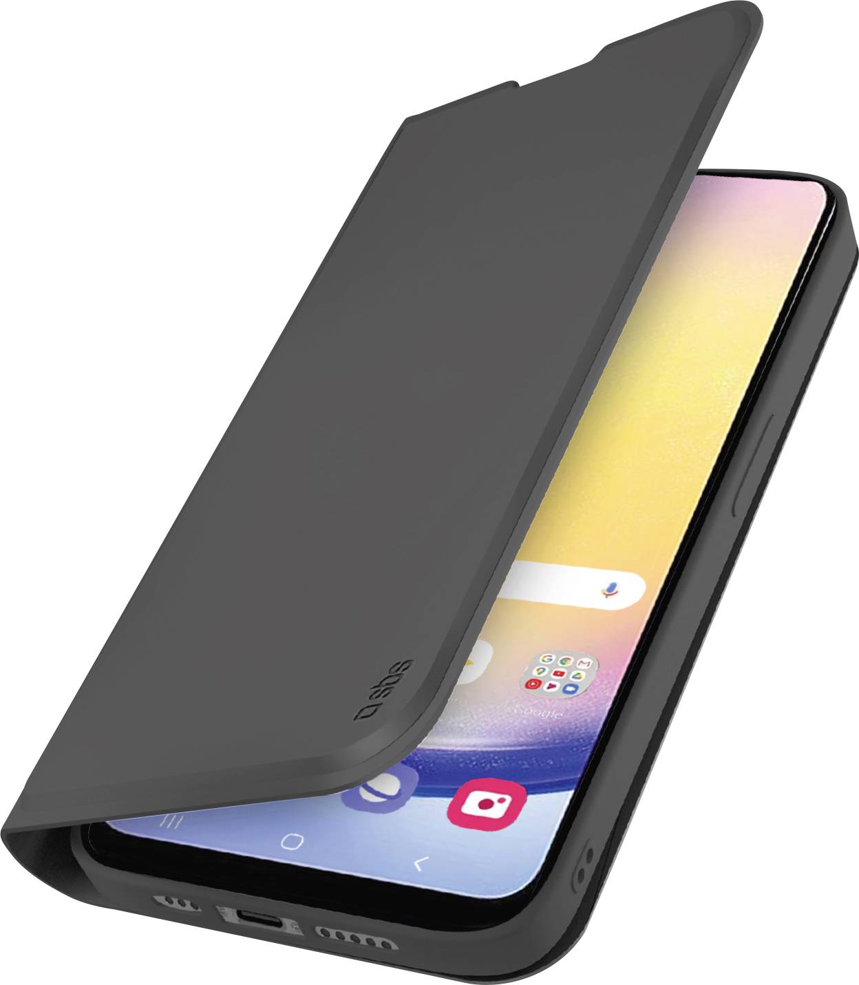 Ein Smartphone mit schwarzer Schutzhülle, die teilweise geöffnet ist und einen bunten Startbildschirm mit verschiedenen App-Symbolen anzeigt.
