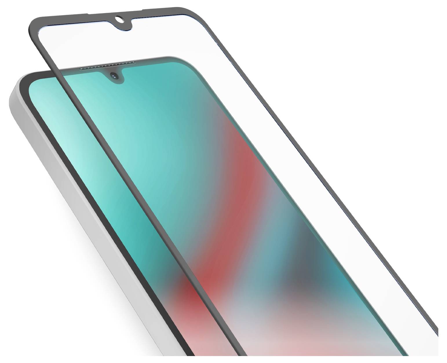 Ein Displayschutz auf einem Mobiltelefon angebracht, mit einem farbenfrohen, abstrakten Bildschirm, der einen Farbverlauf von Blaugrün und Rot zeigt.