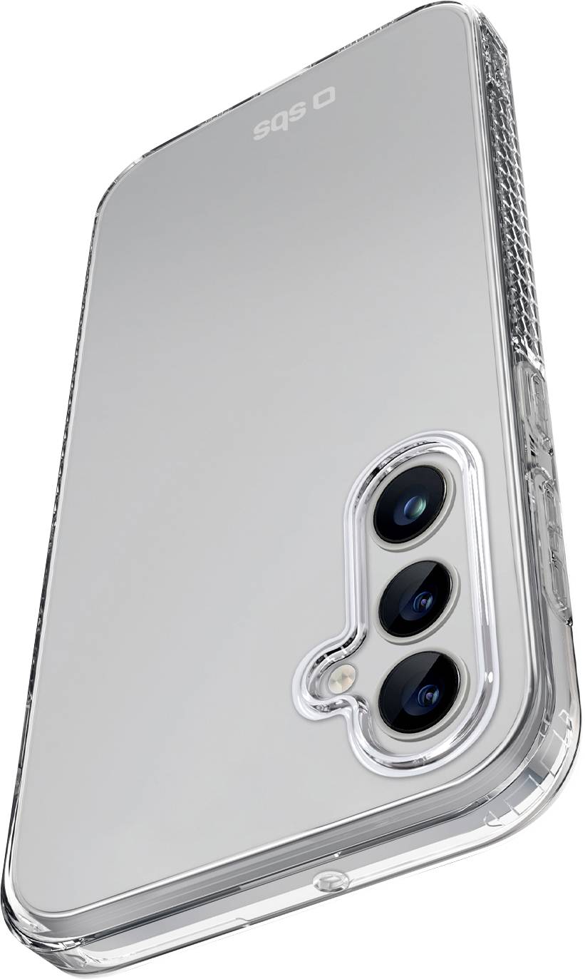Ein Smartphone mit drei rückwärtigen Kameras, in einer transparenten Hülle verpackt, im Winkel angeordnet, um die Linsendetails und das elegante Design zu zeigen.