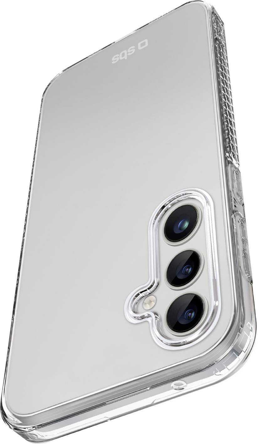 Ein Smartphone mit drei nach hinten ausgerichteten Kameras in vertikaler Anordnung, mit einer durchsichtigen Schutzhülle, die sein schlankes Design hervorhebt.
