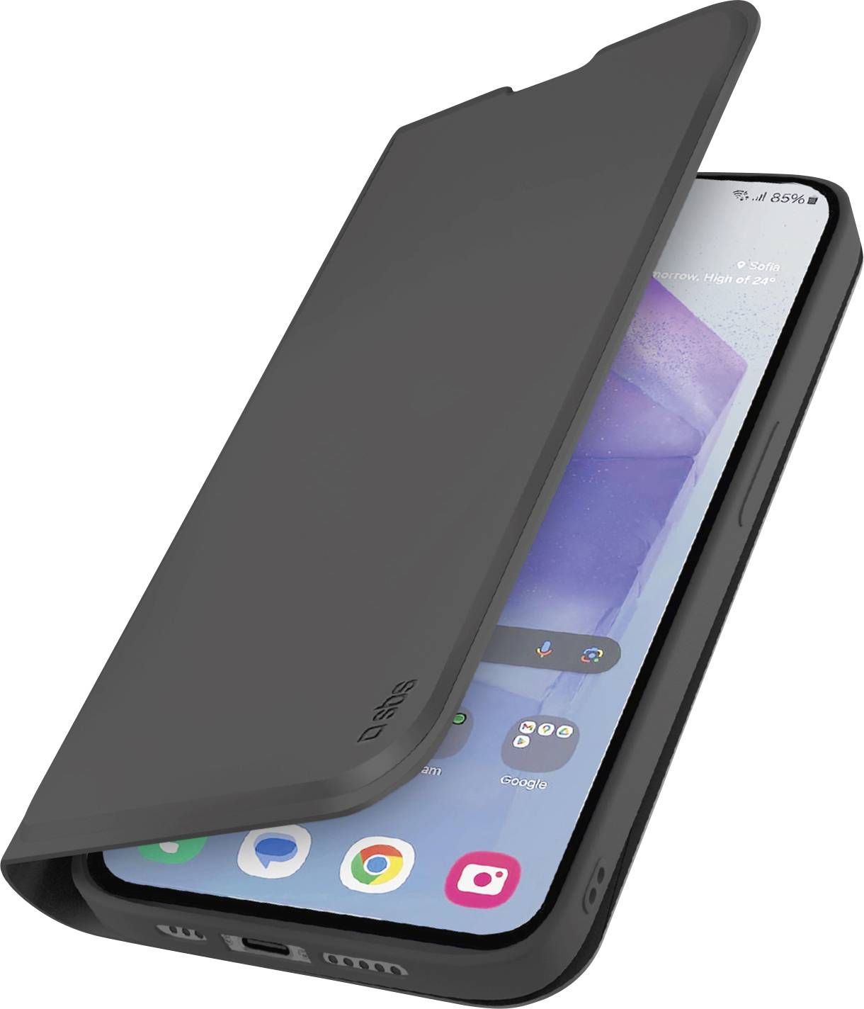 Ein schwarzes Klapphandy-Etui, das teilweise offen ist und ein Smartphone-Display mit verschiedenen App-Symbolen und einem stummgeschalteten lila Hintergrund zeigt.