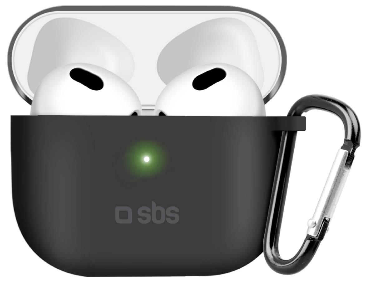 Schwarzes kabelloses Kopfhörer-Etui mit angebrachtem Karabiner, in dem sich weiße Ohrhörer befinden. An der Vorderseite ist eine grüne Anzeigelampe sichtbar.
