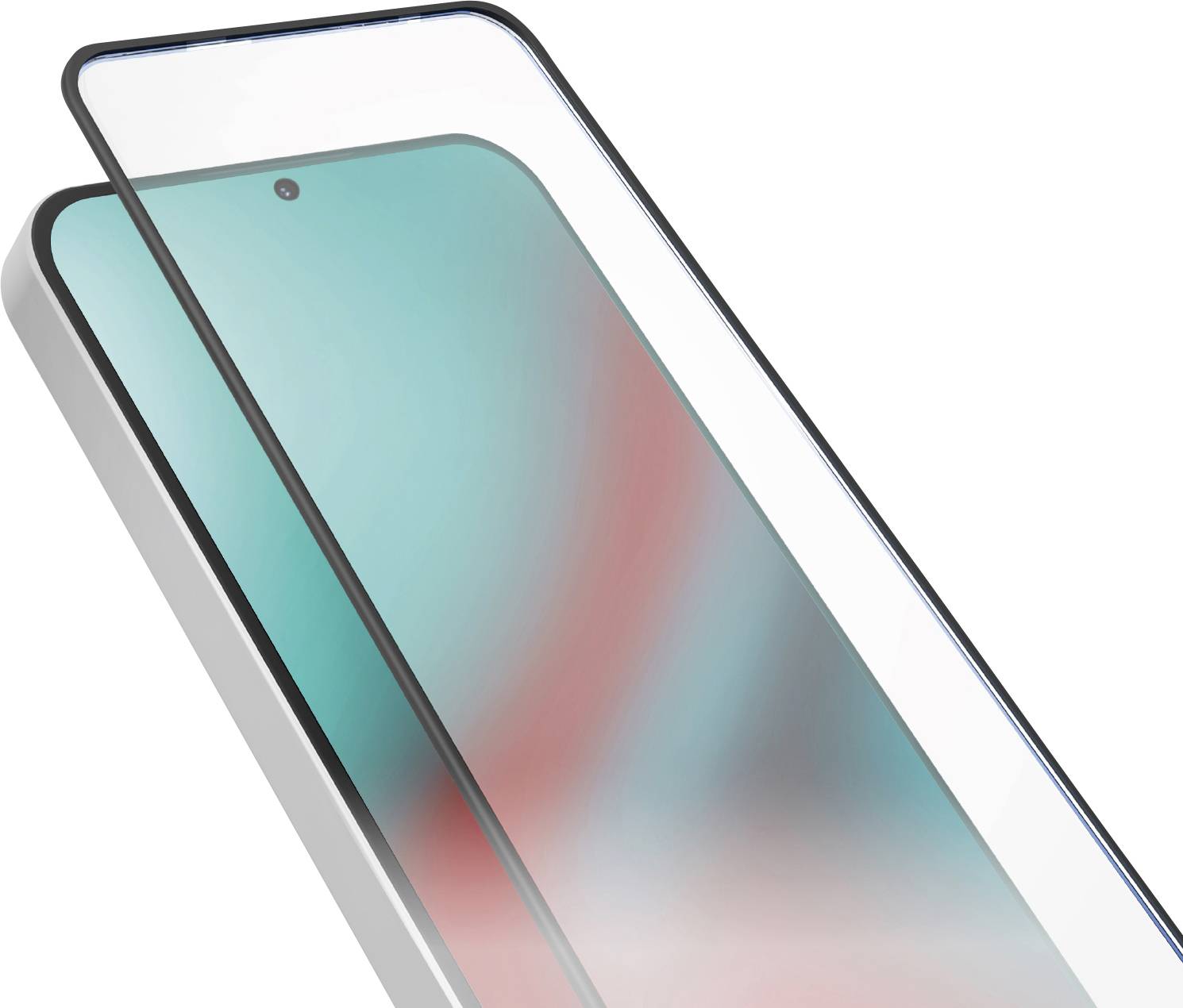 Smartphone mit teilweise angebrachtem Displayschutz, das ein farbenfrobes Display mit einer zentrierten vorderen Kameralösung zeigt.