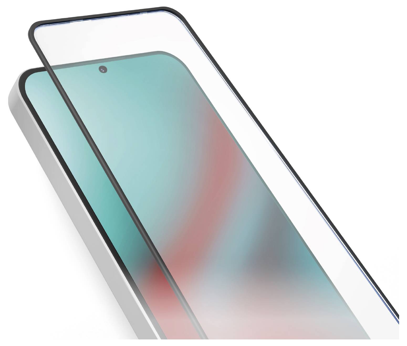 Eine Nahaufnahme eines Smartphones, auf das gerade eine Bildschirmschutzfolie aufgebracht wird, zeigt die Frontkamera und einen Teil des leuchtend bunten Displays.