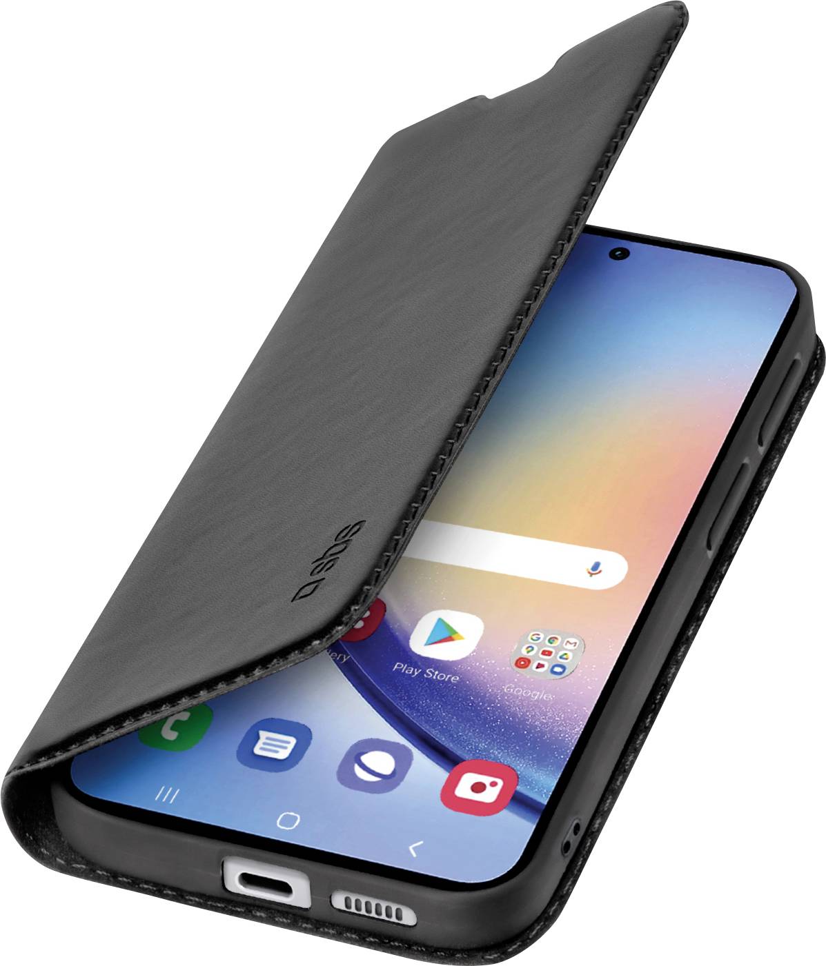 Ein Smartphone mit einem eleganten, rahmenlosen Display, das teilweise von einer Schutzfolie bedeckt ist, wobei das moderne Design und die Technologie hervorgehoben werden.