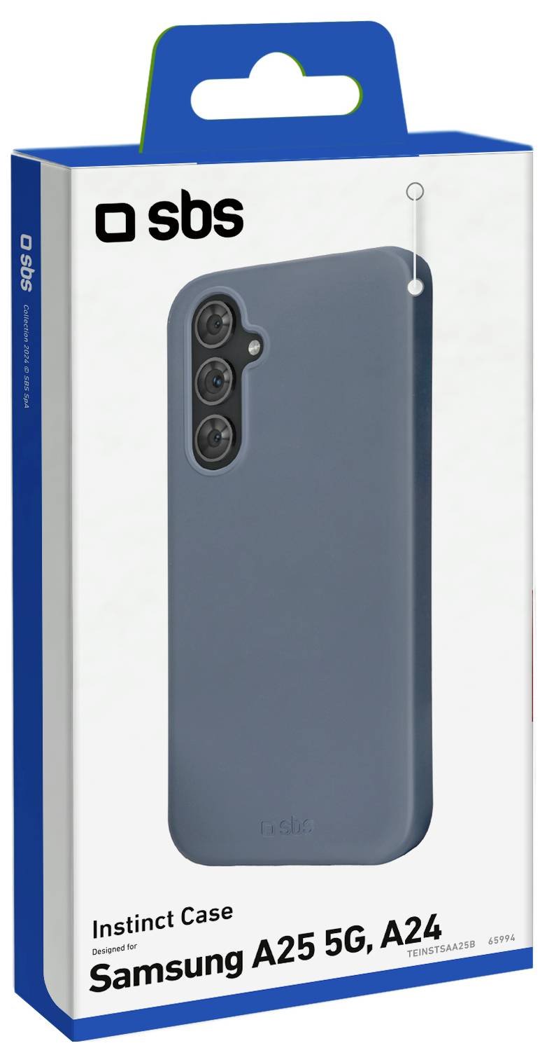 Ein blauer SBS Instinct Case Box für Samsung A25 5G, A24, der die Rückseite zeigt, mit Kameraausschnitten und Markenlogs auf der Verpackung.